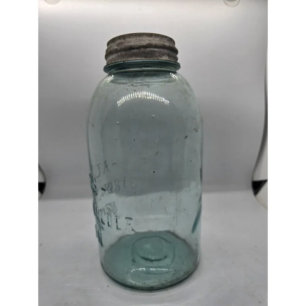 Atlas Strong Shoulder Mason Half Gallon Aqua Blue Jar w/Ball Zinc Lid Vintage